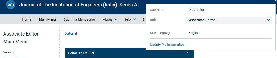 Associate Editor, Journal of The Institution of Engineers (India): Series A, Springer